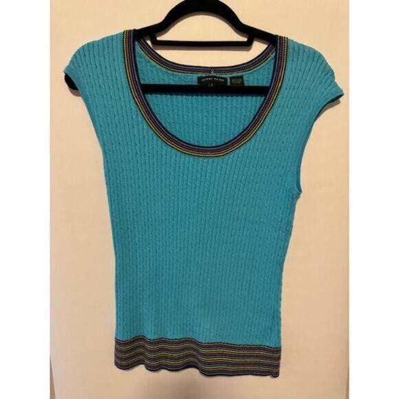 Womans‎ Y2K Jeanne Pierre Blue Quarter Sleeve Sweater Small with Rainbow Details - Picture 1 of 3
